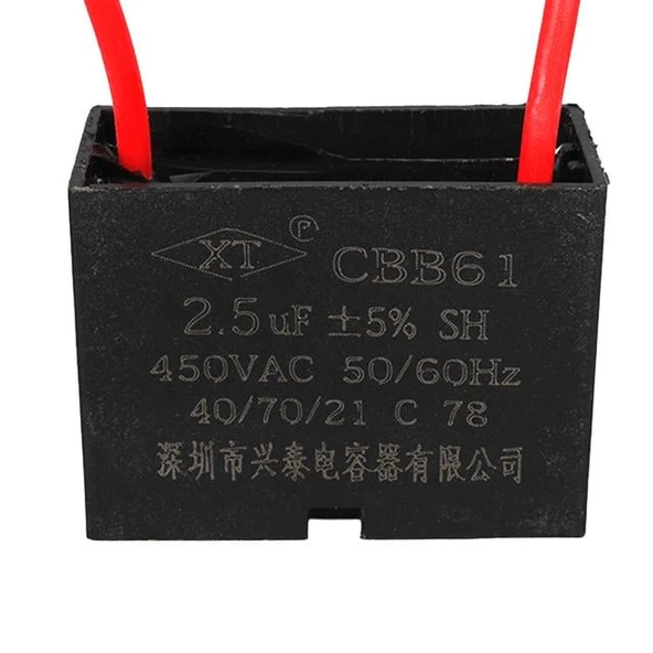 2.5UF 450VAC Siyah 10cm Kablolu Kare Tip Kutupsuz Kondansatör ürün görseli 1
