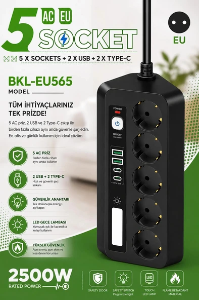 5’li Akım Korumalı Priz 2500W | 2 USB + 2 Type-C Hızlı Şarj | LED Gece Lambalı | Dokunmatik Anahtarlı siyah ürün görseli 1