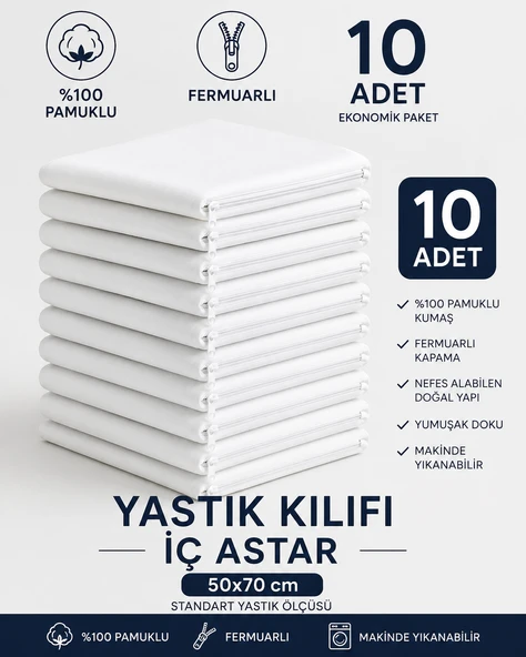 TURUYTOWEL Pamuklu Fermuarlı İç Yastık Kılıfı Beyaz Renkli İç Astar 10'lu Yastık İç Kılıfı 50x 70 Şilte ürün görseli 1