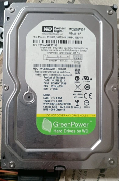 (2.EL) 500GB Western Digital Green WD5000AVDS SATA 2.0 IntelliPower 3.5"  Harddisk (BAD SEKTÖRLÜ ÇALIŞIR) ürün görseli 1