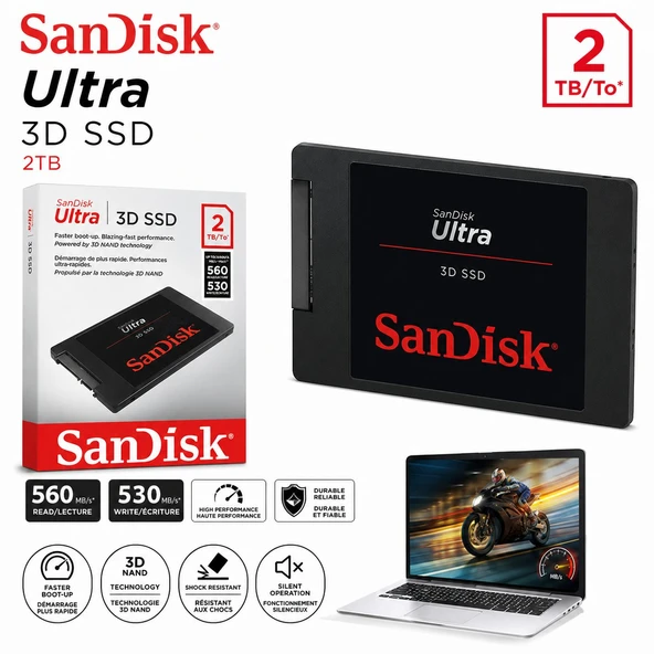 SanDisk Ultra 3D SSD 2TB SATA 2.5" Dahili SSD Disk 560 MB/s Okuma 530 MB/s Yazma Yüksek Hızlı SDSSDH3-2T00-G25 ürün görseli 1