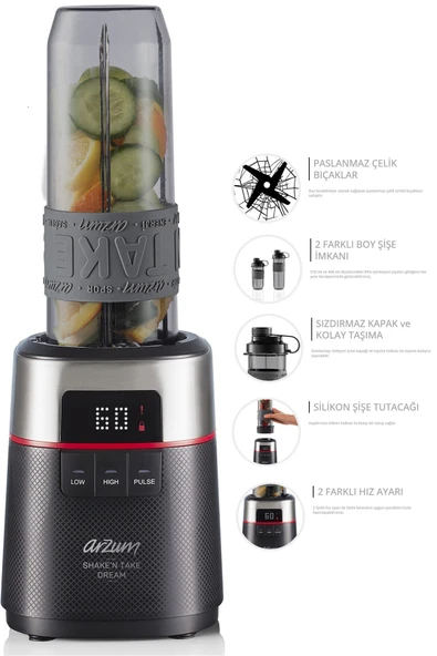 Arzum Shake'N Take Dream Kişisel Smoothie Blender 500W 570ml ve 400ml Şişe Siyah - AR1148 ürün görseli 1