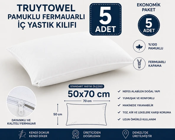 TURUYTOWEL Pamuklu Fermuarlı İç Yastık Kılıfı Beyaz Renkli İç Astar 5'Lİ Yastık İç Kılıfı 50x 70 Şilte ürün görseli 1