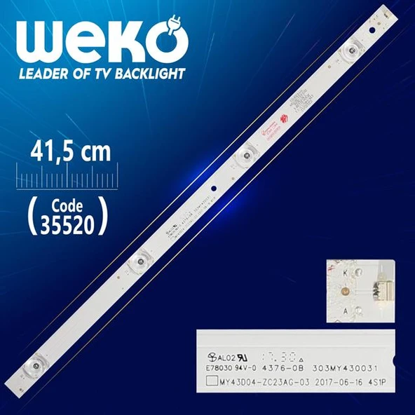 MY43D04-ZC23AG-03 4S1P - 303MY430031 - 135-140/3.0-3.1 - 41.5 Cm 4 Ledli - WK-1056 Led Tv Bar ürün görseli 1