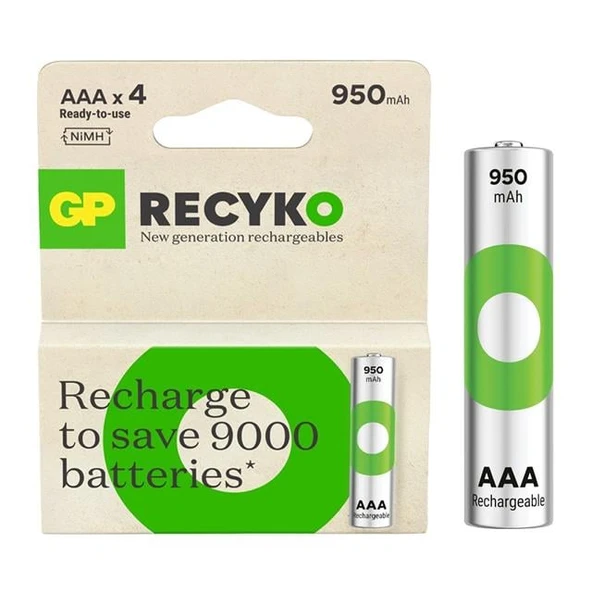 GP Recyko 950Mah Ni-MH AAA Şarjlı İnce Kalem Pil 4'Lü Paket ürün görseli 1