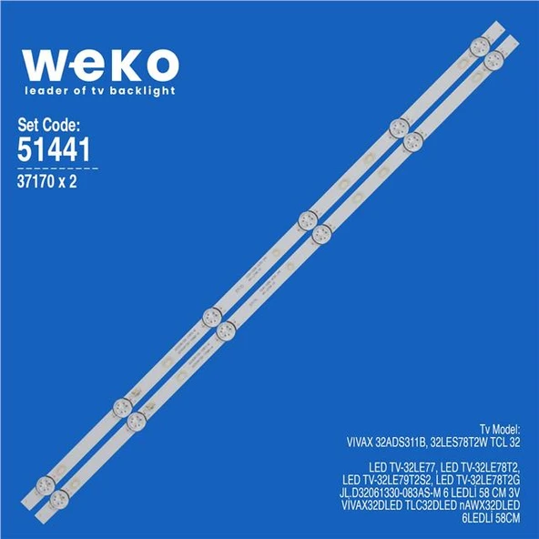 Wkset-6441 37170X2 Jl.D32061330-083As-M  2 Adet Led Bar (3V6led58cm) (Tvnizi açıp içindeki led barla birebir aynısı olduğunu görmeden almayınız. Sonrasında iade ALMAMAKTAYIZ.) ürün görseli 1