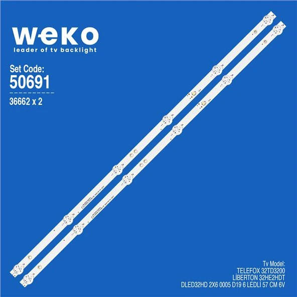 Wkset-5691 36662X2 Dled32hd 2X6 0005 D19 2 Adet Led Bar (6V6led57cm) (Tvnizi açıp içindeki led barla birebir aynısı olduğunu görmeden almayınız. Sonrasında iade ALMAMAKTAYIZ.) ürün görseli 1