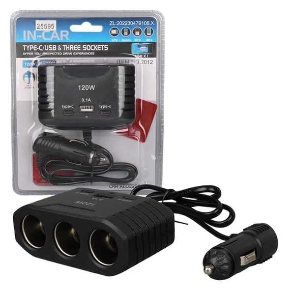 Olesson 2012 12-24V Çift TYPE-C - Tek USB Girişli 120W 80Cm Kablolu 3'LÜ Araç Çakmak Çoklayıcı ürün görseli 1