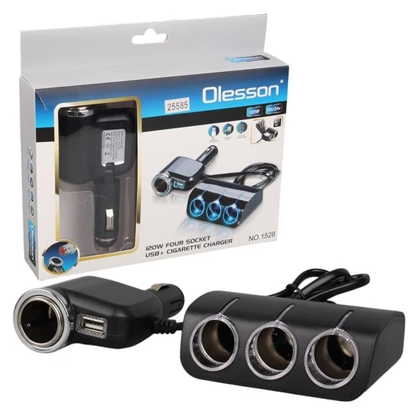Olesson 1528 12-24V Tek USB Girişli 120W 80Cm Kablolu 3'LÜ Araç Çakmak Çoklayıcı ürün görseli 1