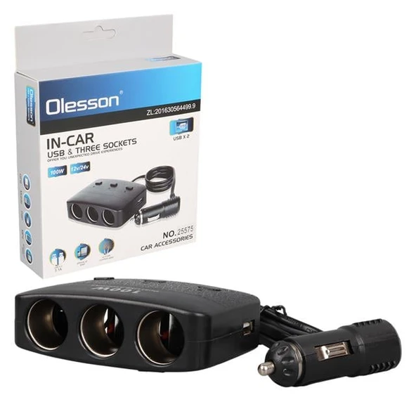 Olesson 1636 12-24V Çift USB Girişli 100W 70 CM Kablolu 3'LÜ Araç Çakmak Çoklayıcı ürün görseli 1