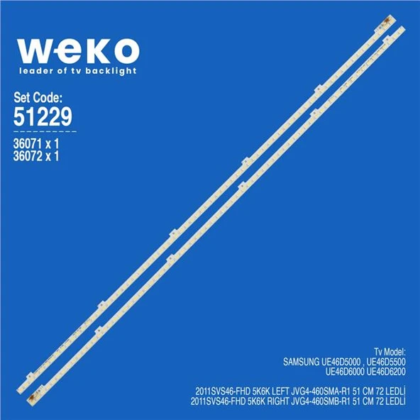 Wkset-6229 36071X1 36072X1 2011Svs46-Fhd 5K6K Left/Rıght  2 Adet Led Bar (72Led) (Tvnizi açıp içindeki led barla birebir aynısı olduğunu görmeden almayınız. Sonrasında iade ALMAMAKTAYIZ.) ürün görseli 1