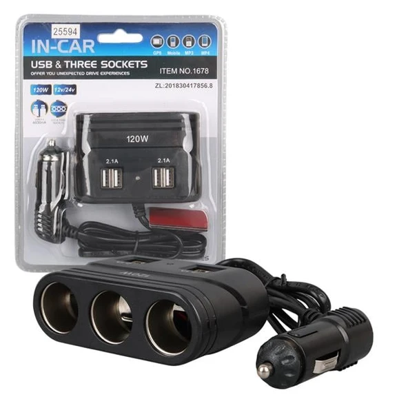 Olesson 1678 12-24V 4 USB Girişli 120W 80Cm Kablolu 3'Lü Araç Çakmak Çoklayıcı ürün görseli 1