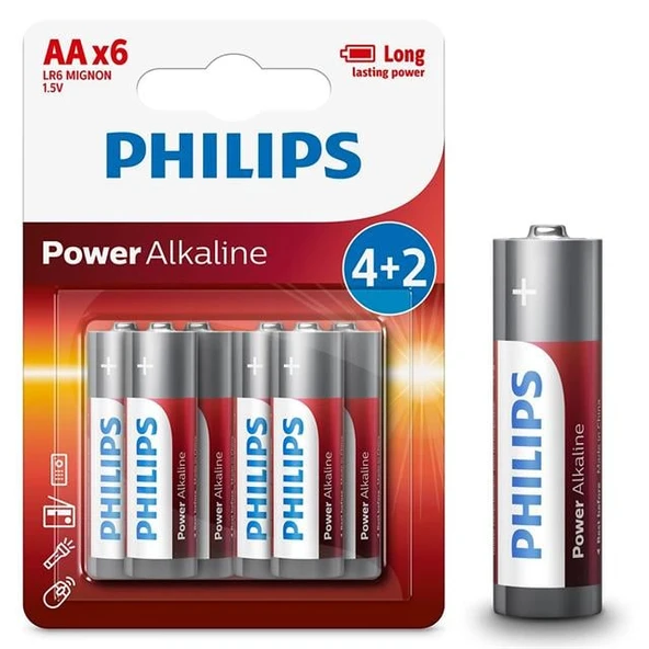 Philips LR6P6BP/10 LR6 Mignon 1.5 Volt 4+2 Power Alkaline AA Kalem Pil (6'Li Paket) ürün görseli 1