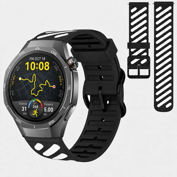 Huawei Watch GT 5 Pro 46 mm Uyumlu Çift Renkli Delikli Silikon Spor Kordon  Beyaz ürün görseli 1