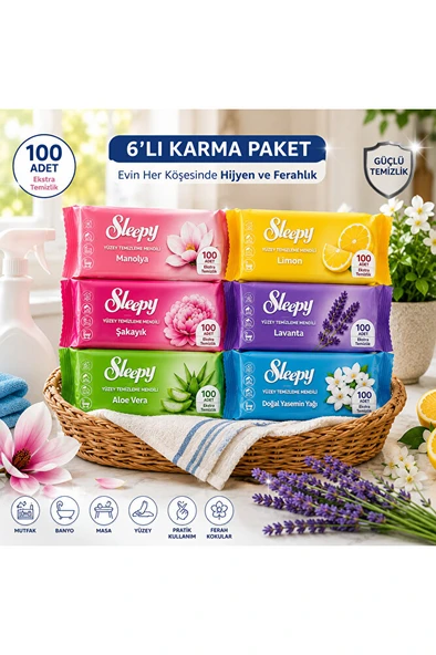Yüzey Temizleme Mendili 6'lı Karma Paket Manolya Şakayık Aloe Vera Limon Lavanta Yasemin Çok Amaçlı Islak Temizlik Mendili ürün görseli 1