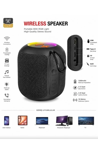 SA-147 RGB Işıklı Taşınabilir Bluetooth Hoparlör 5W Powerbank FM Radyo, USB/TF/AUX ürün görseli 1
