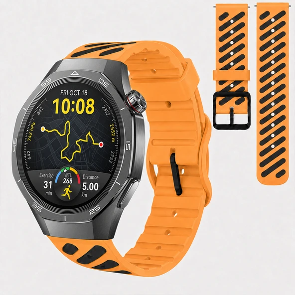 Huawei Watch GT 5 Pro 46 mm Uyumlu Çift Renkli Delikli Silikon Spor Kordon  Turuncu ürün görseli 1