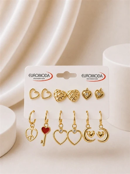 Barış Sembolü Kalp Figürlü Gold Renk 6'lı Küpe Seti ürün görseli 1