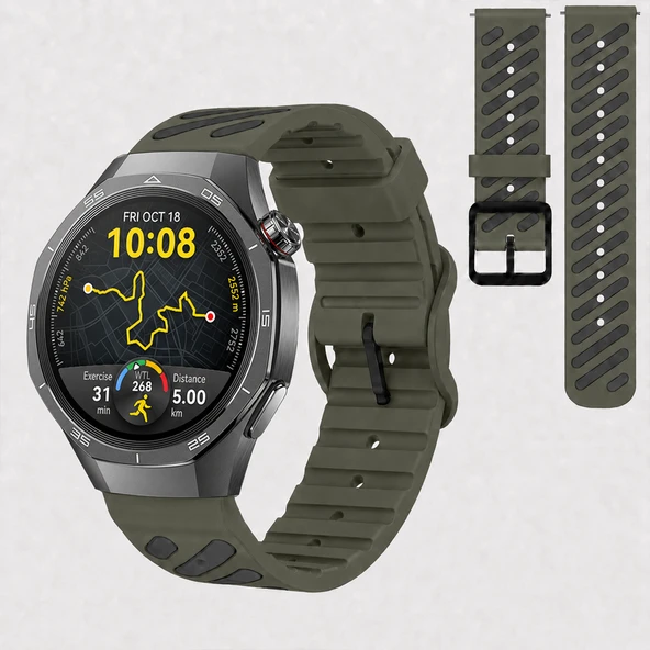 Huawei Watch GT 5 Pro 46 mm Uyumlu Çift Renkli Delikli Silikon Spor Kordon  Haki ürün görseli 1