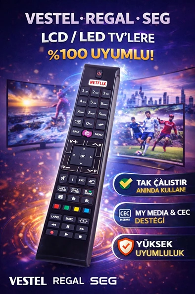 Vestel Regal Seg Netflix Tuşlu TV Kumandası – LCD LED Tüm Modellerle Uyumlu ürün görseli 1