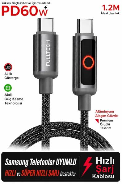 Samsung Telefon Uyumlu Type-c Süper Hızlı Şarj PD 60w 1.2m 480mbps Data Transfer Led Fulltech Fc152 ürün görseli 1