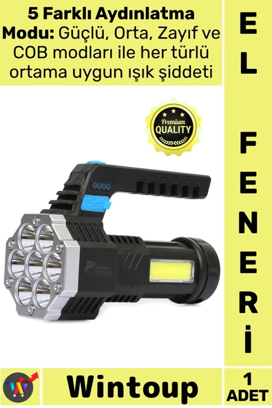 #ElFeneri Güçlü Kamp Taktik Su Geçirmez USB Şarj Göstergeli Şarj Edilebilir 7XPE +COB Led El Feneri ürün görseli 1