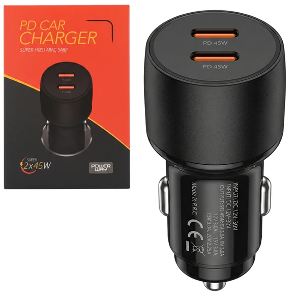 Powerway CC45 PD 2X45w Çift Type-C Çıkışlı Ultra Hızlı Araç Şarjı ürün görseli 1