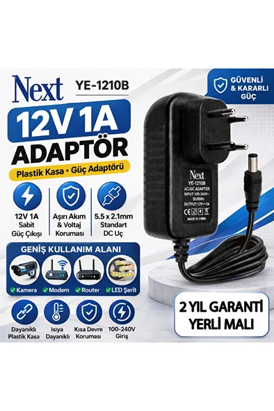 Next YE-1210B 12V 1A Adaptör Plastik Kasa |DC Uçlu Güç Adaptörü Kamera Modem Router Uyumlu ürün görseli 1
