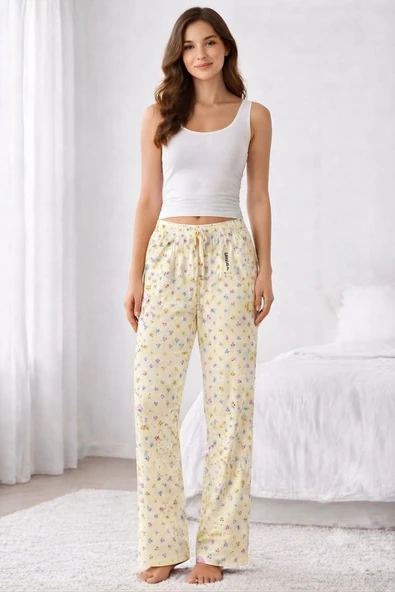 Viskon Pamuklu Kadın Açık Sarı Desenli Pijama Pantolon - MG010 - Mudanis ürün görseli 1