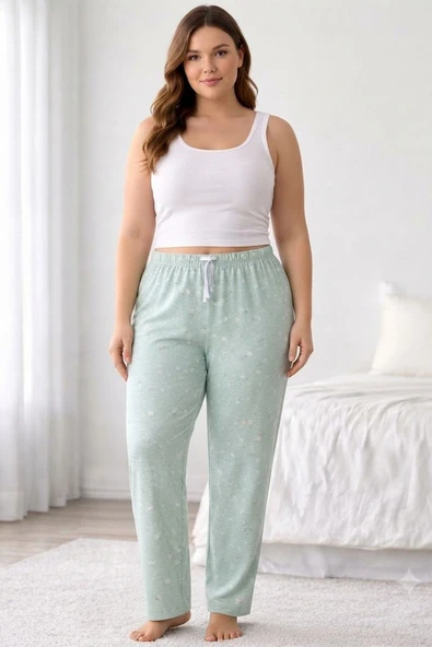 Viskon Pamuklu Kadın Büyük Beden Açık Gri Desenli Pijama Pantolon - MGB008 - Mudanis ürün görseli 1