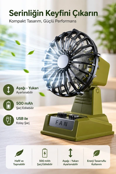 Şarjlı Masaüstü Mini Vantilatör Retro Tasarım 2 Kademeli Mini Fan 500 mAh Taşınabilir Fan ürün görseli 1