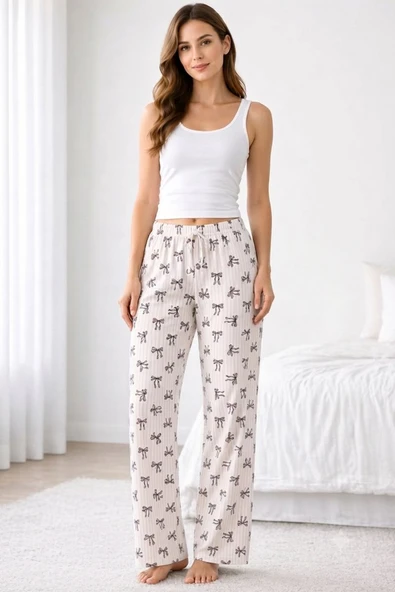 Viskon Pamuklu Kadın Pudra Desenli Pijama Pantolon - MG009 - Mudanis ürün görseli 1