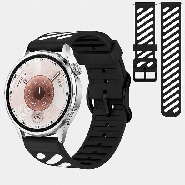 Huawei Watch GT 6 46 mm Uyumlu Çift Renkli Delikli Silikon Spor Kordon  Beyaz ürün görseli 1