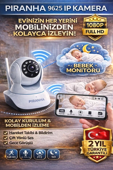 Piranha 9625 WiFi IP Kamera 1080P Güvenlik Kamerası Gece Görüşlü Bebek İzleme Kamera ürün görseli 1