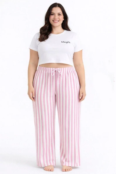 Viskon Pamuklu Kadın Büyük Beden Pudra Pembe Çizgili Pijama Pantolon - MGB004 - Mudanis ürün görseli 1