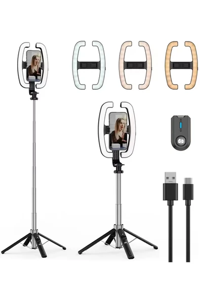 Monopod Tripod Led Işık Selfie Kumandalı Tripod 138cm Canlı Yayın Telefon Tutcusu ürün görseli 1