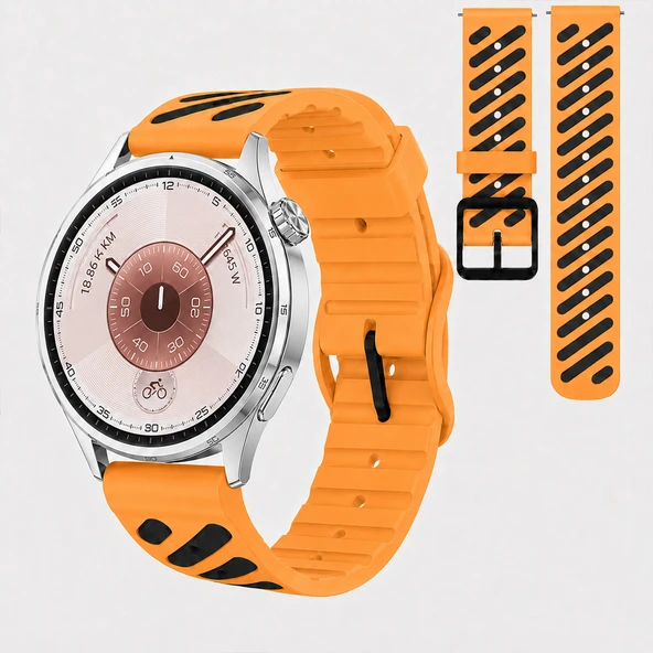Huawei Watch GT 6 46 mm Uyumlu Çift Renkli Delikli Silikon Spor Kordon  Turuncu ürün görseli 1