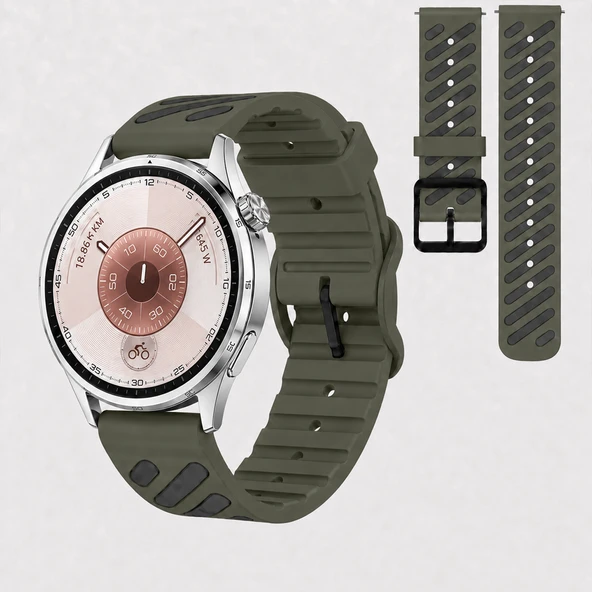Huawei Watch GT 6 46 mm Uyumlu Çift Renkli Delikli Silikon Spor Kordon  Haki ürün görseli 1