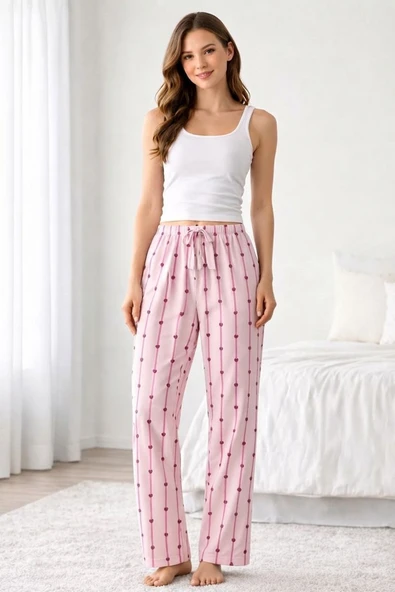 Viskon Pamuklu Kadın Açık Pembe Desenli Pijama Pantolon - MG007 - Mudanis ürün görseli 1