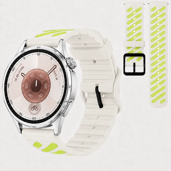 Huawei Watch GT 6 46 mm Uyumlu Çift Renkli Delikli Silikon Spor Kordon  Bej ürün görseli 1