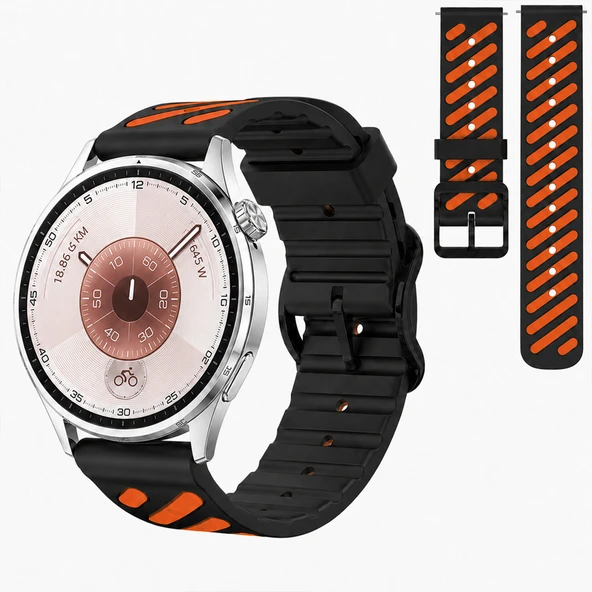 Huawei Watch GT 6 46 mm Uyumlu Çift Renkli Delikli Silikon Spor Kordon  Siyah ürün görseli 1