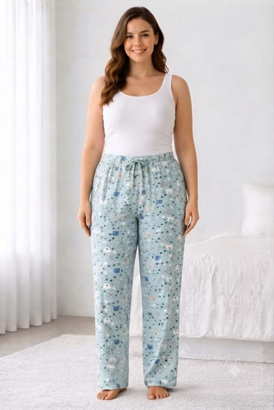 Viskon Pamuklu Kadın Büyük Beden Deniz Mavisi Desenli Pijama Pantolon - MGB012 - Mudanis ürün görseli 1