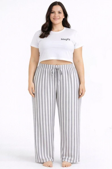 Viskon Pamuklu Kadın Büyük Beden Açık Gri Çizgili Pijama Pantolon - MGB006 - Mudanis ürün görseli 1