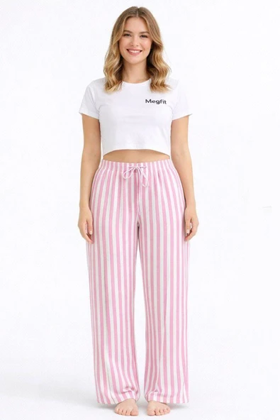 Viskon Pamuklu Kadın Pudra Pembe Çizgili Pijama Pantolon - MG004 - Mudanis ürün görseli 1