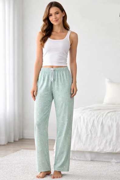 Viskon Pamuklu Kadın Açık Gri Desenli Pijama Pantolon - MG008 - Mudanis ürün görseli 1