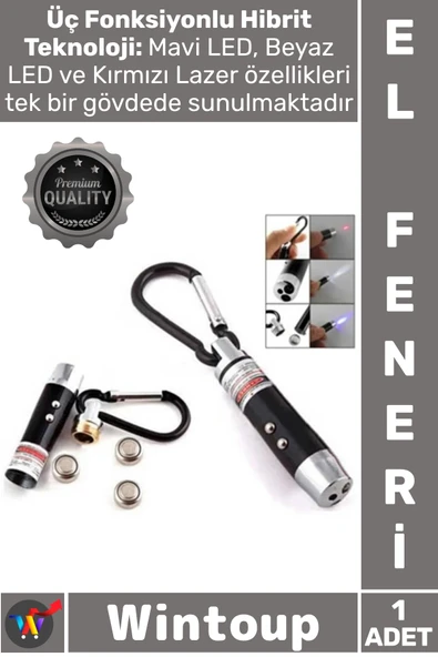 #ElFeneri Güçlü Mini Taşınabilir El Feneri Anahtarlık Işıklı Anahtarlık 3 Fonksiyon Lazer Led Feneri ürün görseli 1