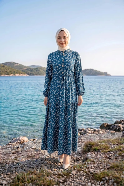 ÇİÇEK DESENLİ VİSKON ELBİSE - Resim 9