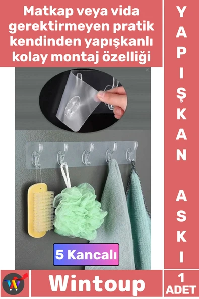 #Askı Pratik 5'li Kendinden Yapışkanlı Güçlü Şeffaf Askılık Kapı Arkası Mutfak Duvar Banyo Şık Askı ürün görseli 1
