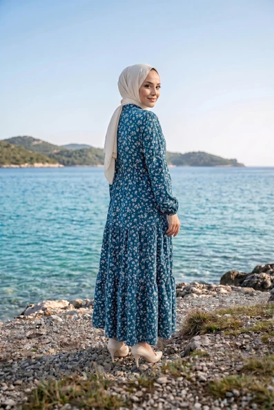 ÇİÇEK DESENLİ VİSKON ELBİSE - Resim 7