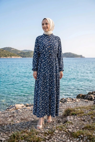 ÇİÇEK DESENLİ VİSKON ELBİSE - Resim 5